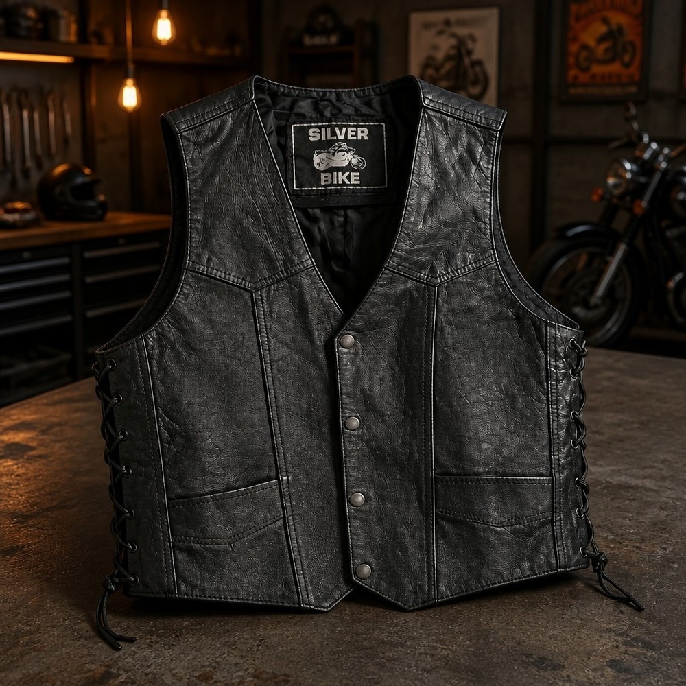 Vintage Silver Bike Black Motorcycle Genuine Leather Vest Medium